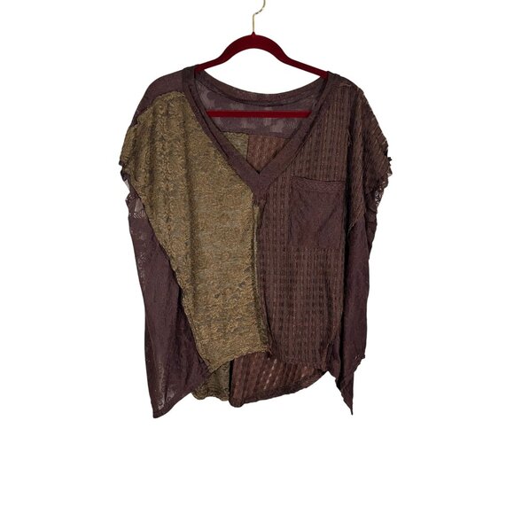 Retro Floral Mesh Top L Brown Patchwork Classic Boho Western Hippie Indie Folk - Picture 1 of 11